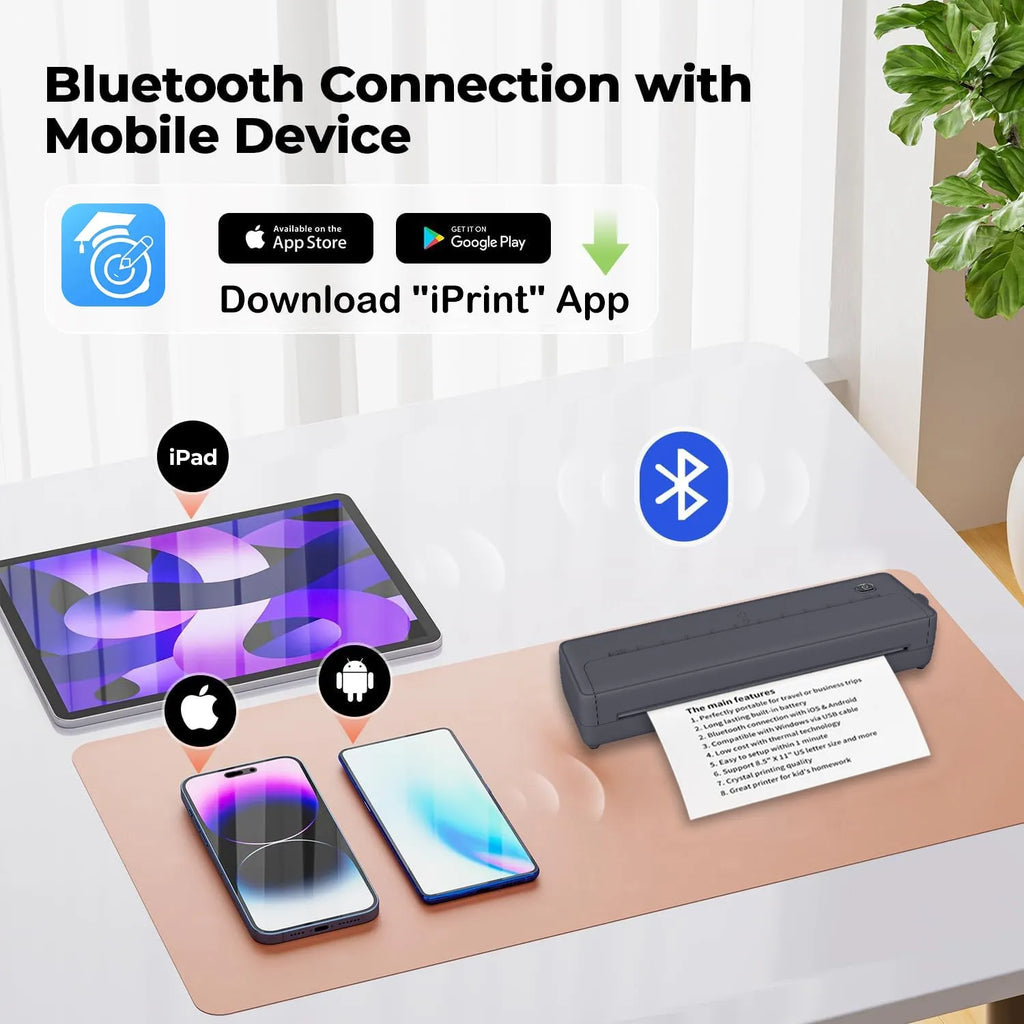 Portable A4 Bluetooth wireless printer in black or white casing