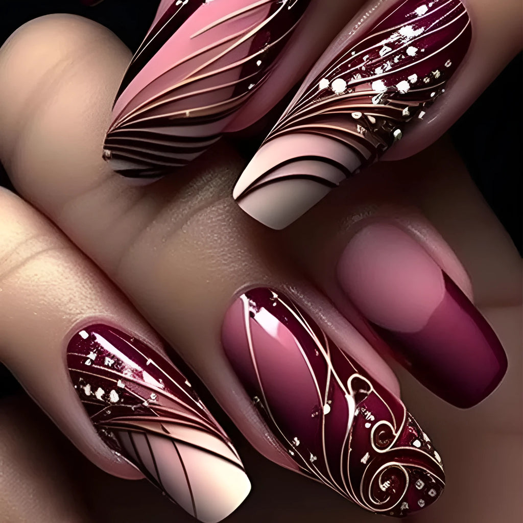 French line pattern fake nails with glue on white background