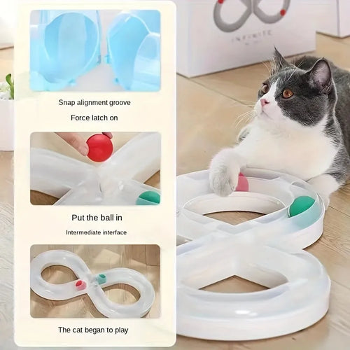 Blue interactive cat toy with turntable track ball system and teasing stick for self-play and owner interaction