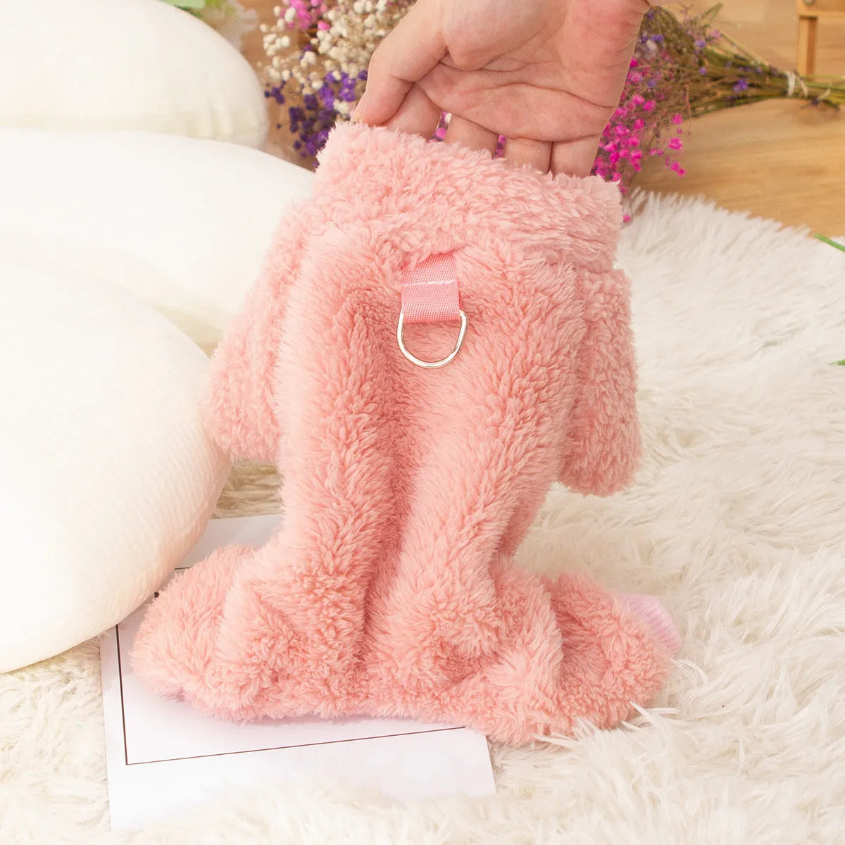 Double-sided thick plush dog clothes with four-legged design, high collar and towing ring in khaki colour