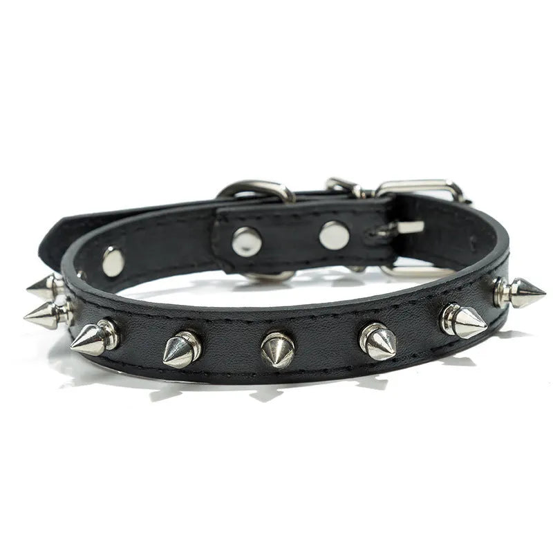 A studded dog collar made of black PU leather with metal studs and an alloy buckle