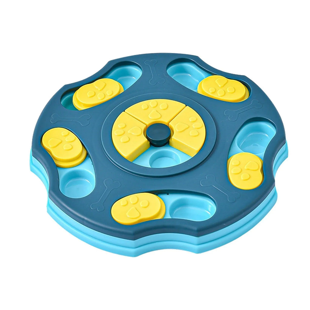 Blue dog puzzle feeder bowl with food compartments for interactive feeding games
