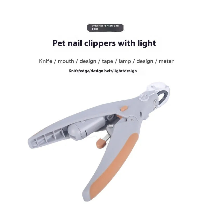 Dog nail clipper with illuminated LED light and visible blood line guide on the cutting head.