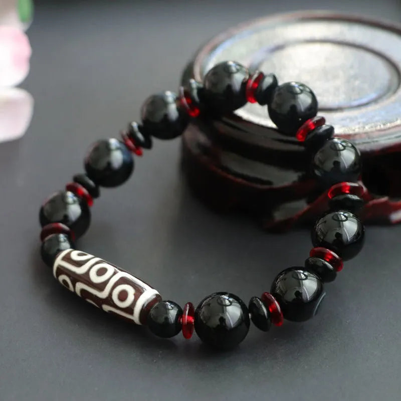 Black agate Dzi bead bracelet with 11mm geometry-shaped stones and hand-woven construction