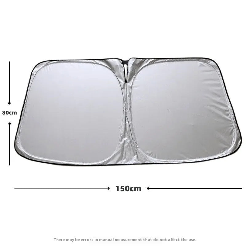 Aluminium foil car sunshade showing reflective silver surface with size dimensions displayed