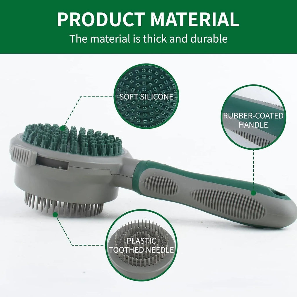 Green and pink 2in1 silicone pet brush showing slicker brush side and octopus-teeth massager side
