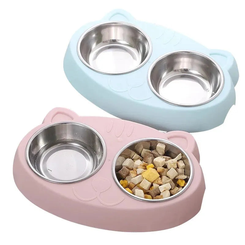 Blue macaron-shaped plastic pet feeder with two bowls for cat and dog feeding