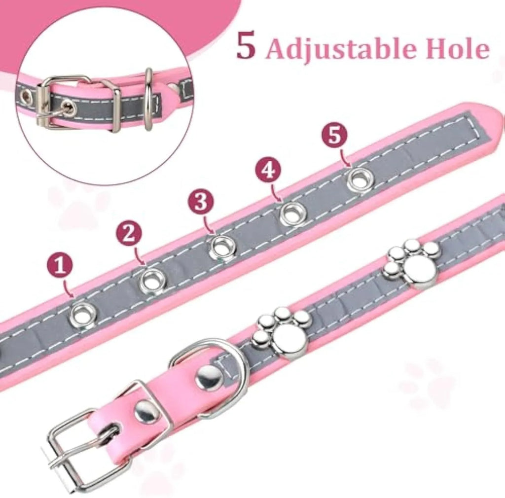 Adjustable leather dog collar with reflective stitching and metal paw print rivets
