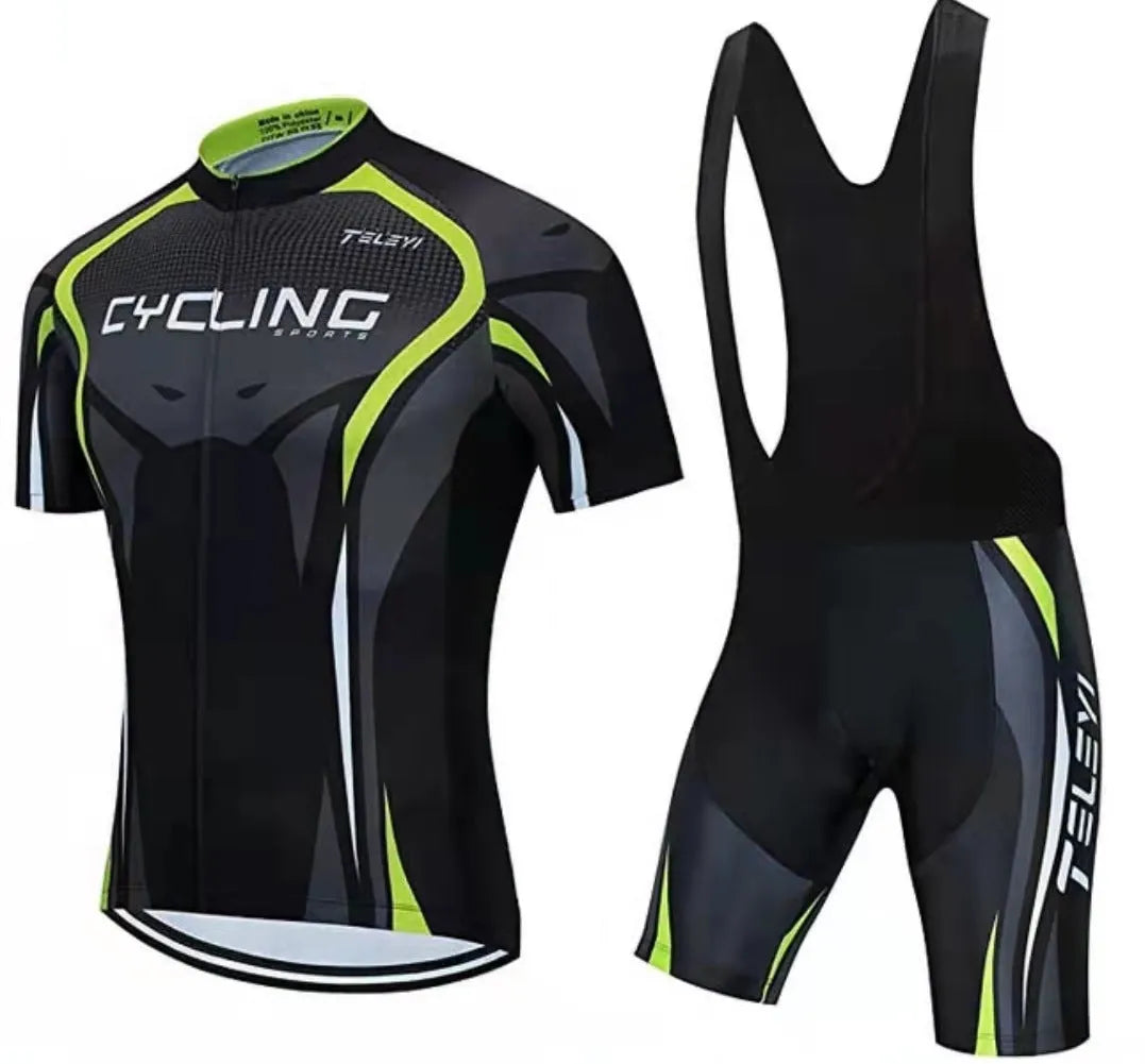 Cycling jersey and shorts set for summer bike riding with moisture wicking properties