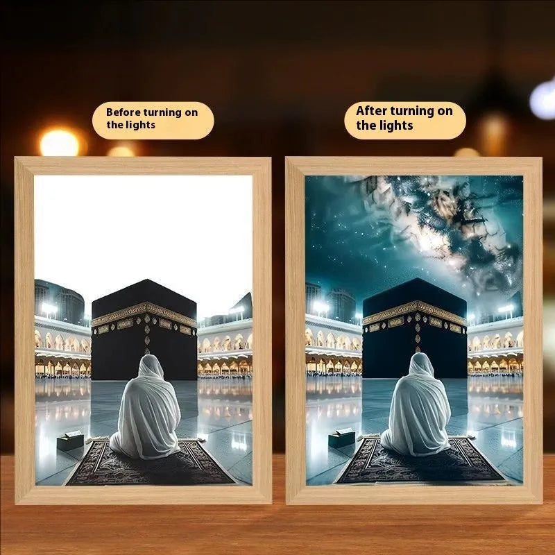 Modern rectangular LED light painting wall art with handmade frame showing illuminated design
