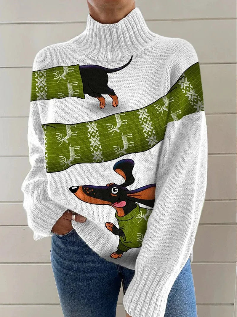 Women's Christmas printed turtleneck sweater in loose fit pullover style with long sleeves