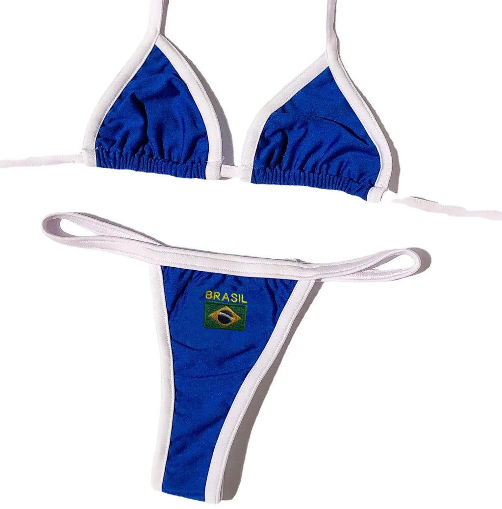 Women's yellow polyester bikini set with T-back bra and shorts-length pants