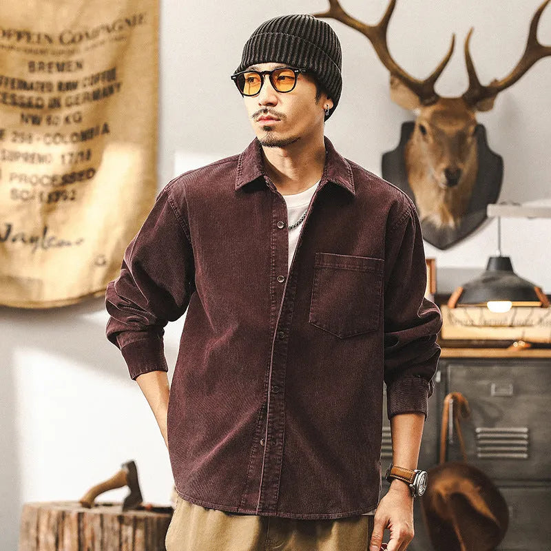 Men's retro corduroy shirt jacket in red or black colours with loose fit design