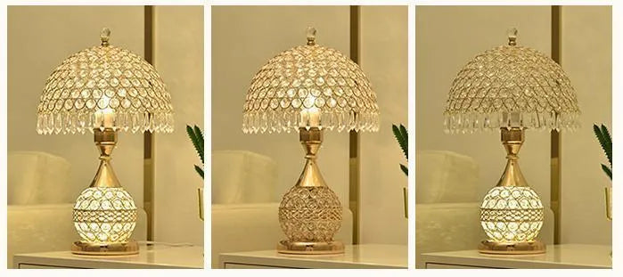 Gold crystal desk lamp with iron art base and remote control on wooden surface