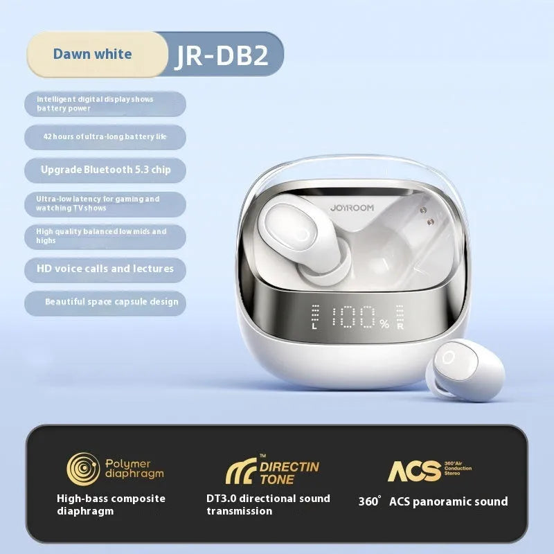 Wireless Bluetooth in-ear headphones with a charging case in dawn white colour.