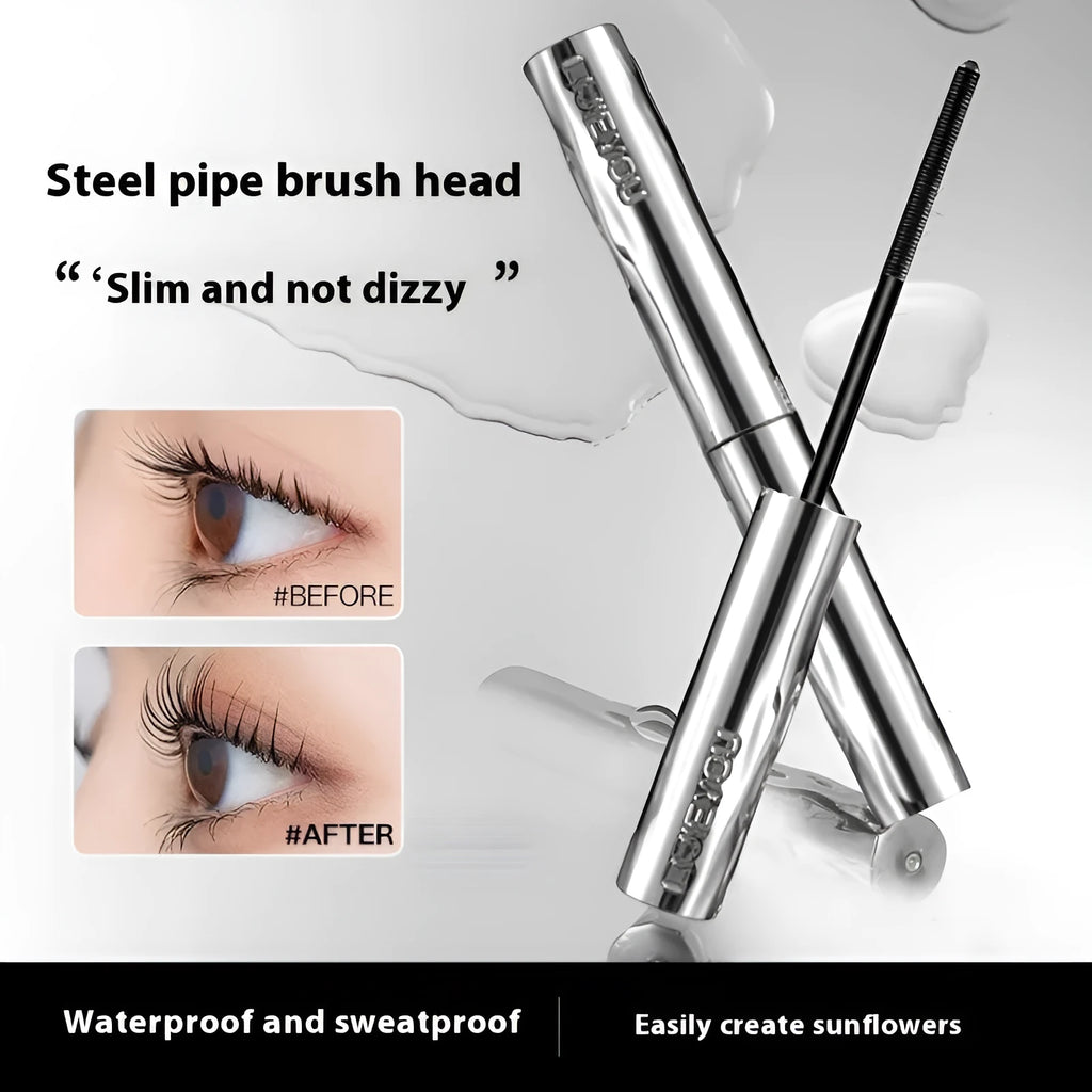 Waterproof mascara in steel tube with black and brown colour options and optional eyelash curler