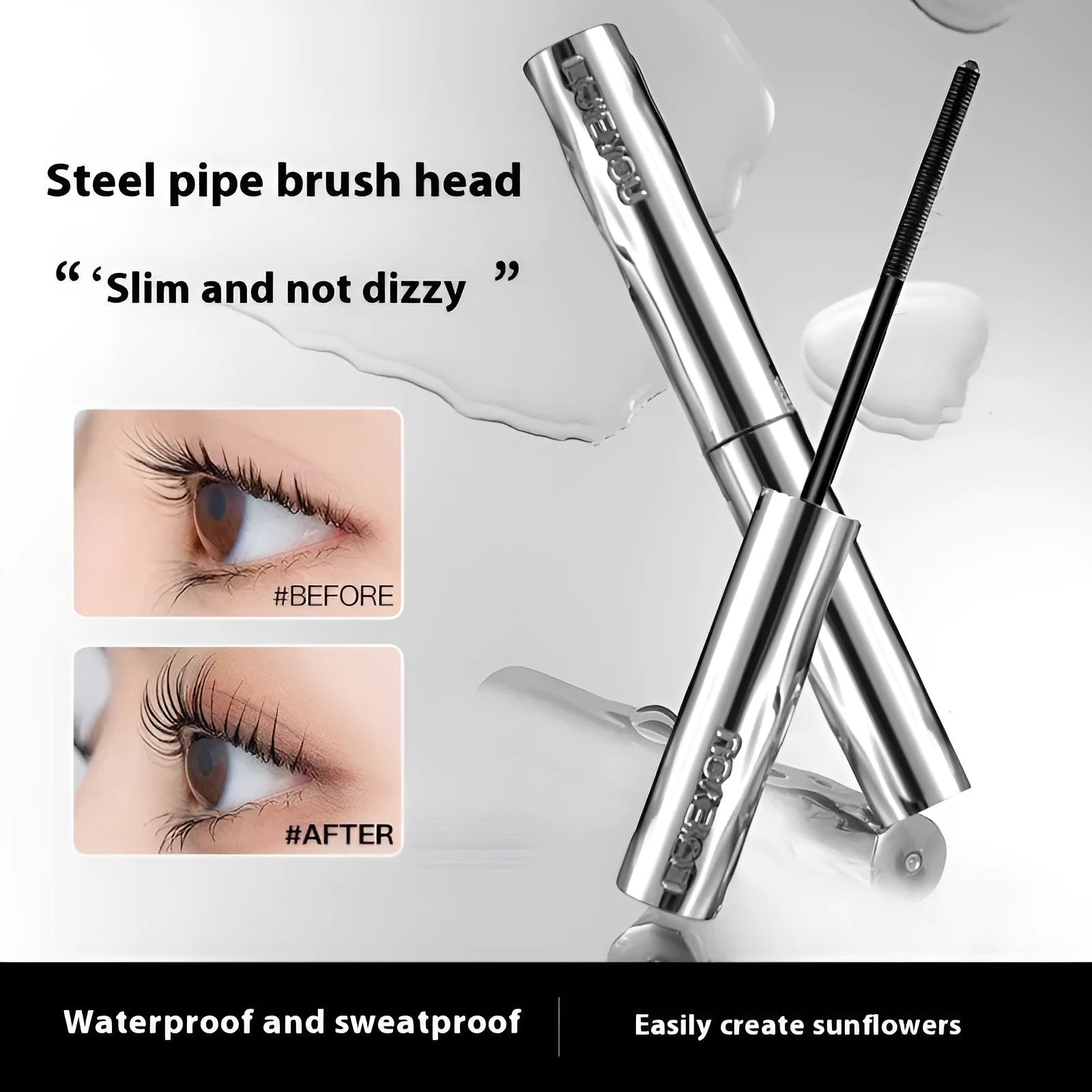 Waterproof mascara in steel tube with black and brown colour options and optional eyelash curler