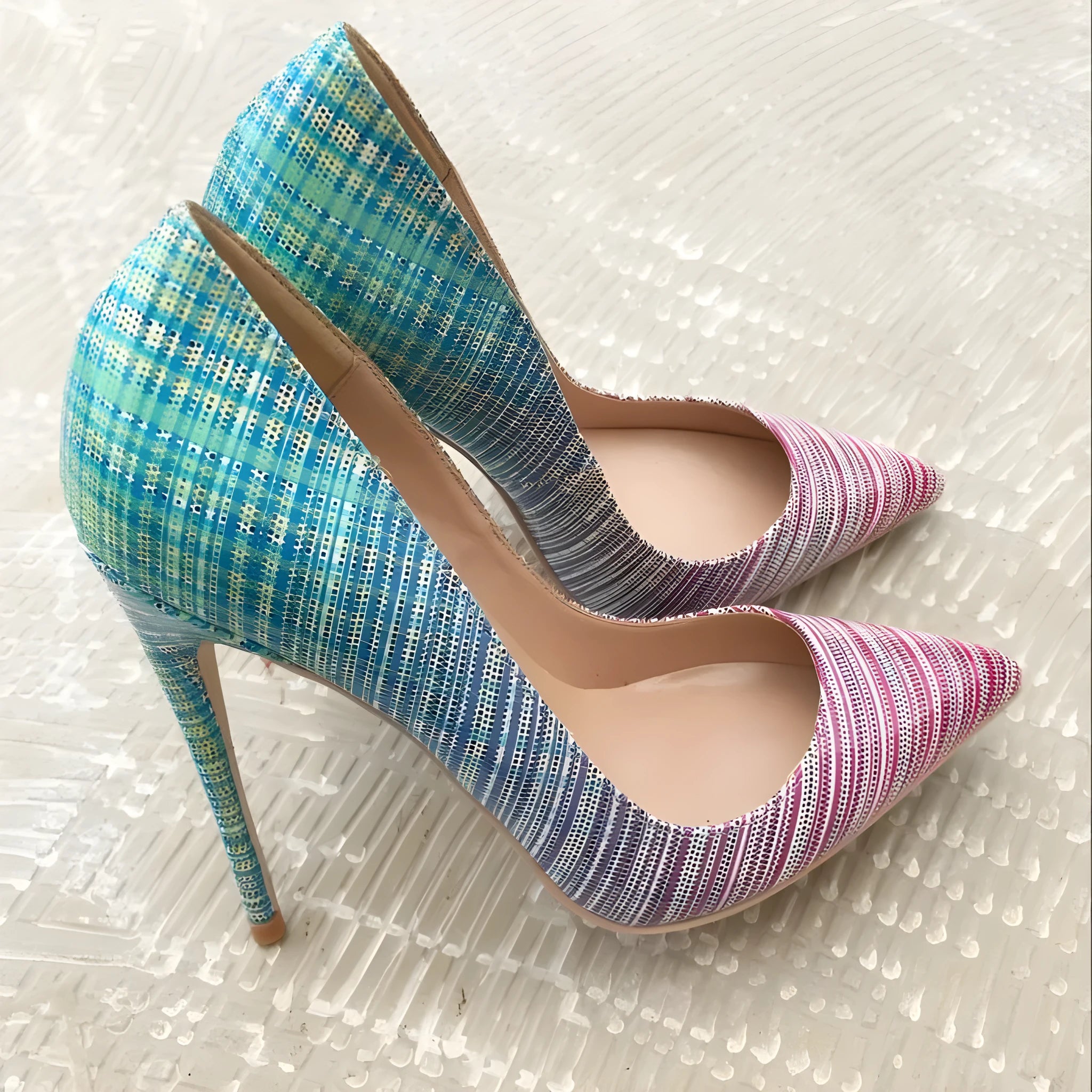 Women's pink blue gradient patent leather pointed toe high heels with a choice of heel heights on a rubber sole.