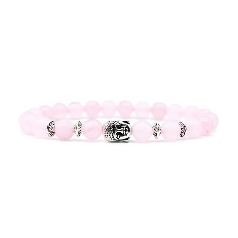 Handcrafted unisex bracelet with a 19mm Buddha head bead in amethyst, tiger eye, black agate, pink crystal, or green gold.
