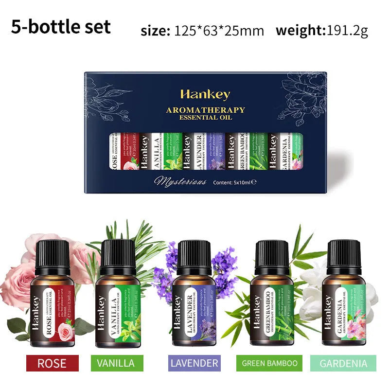 Boxed water-soluble aromatherapy essential oil set with multiple fragrance bottles