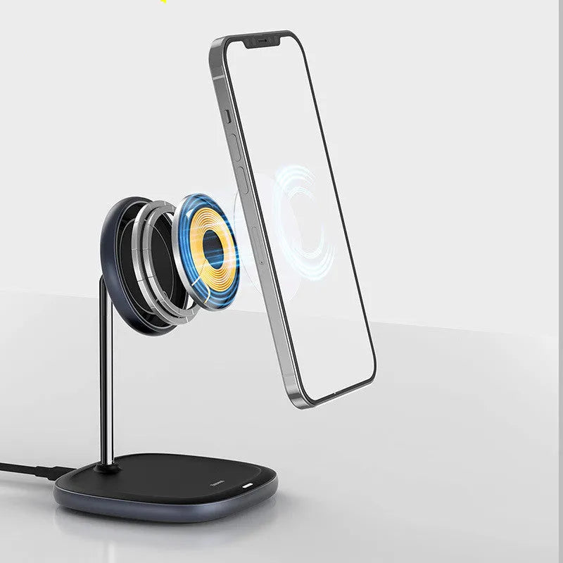 Black Swan magnetic desktop wireless charging stand for Apple iPhone 12 with included Type-C cable.