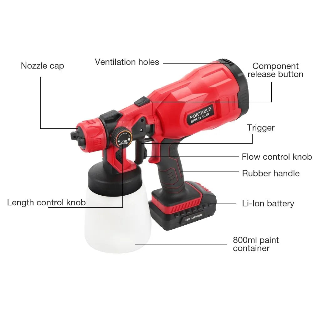 Blue cordless paint spray gun with 800ml tank and lithium battery