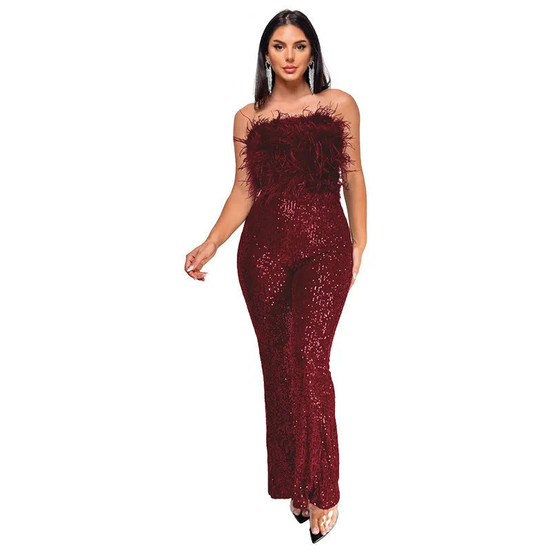 Women's sleeveless backless evening jumpsuit with flared legs and sequin collar detail