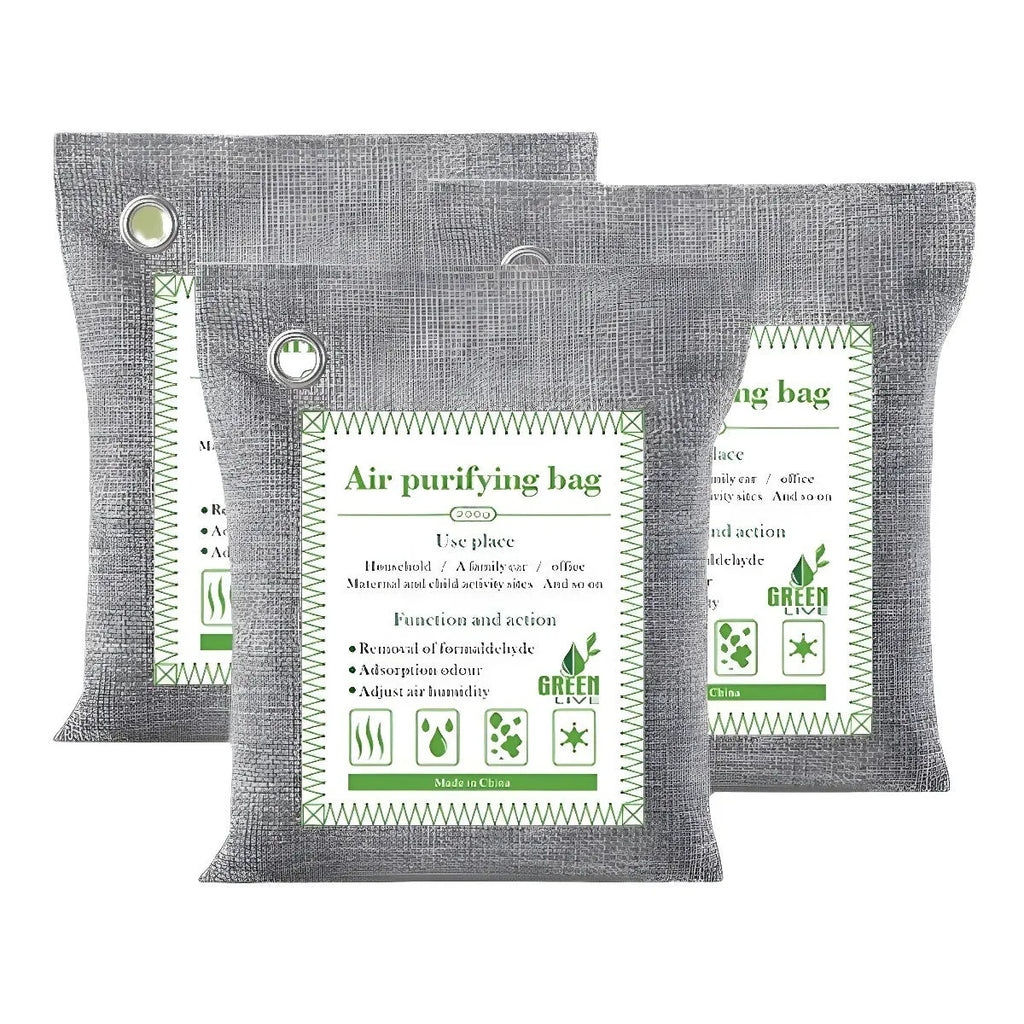 A sewing-style fabric bag filled with bamboo charcoal for formaldehyde removal and air freshening.