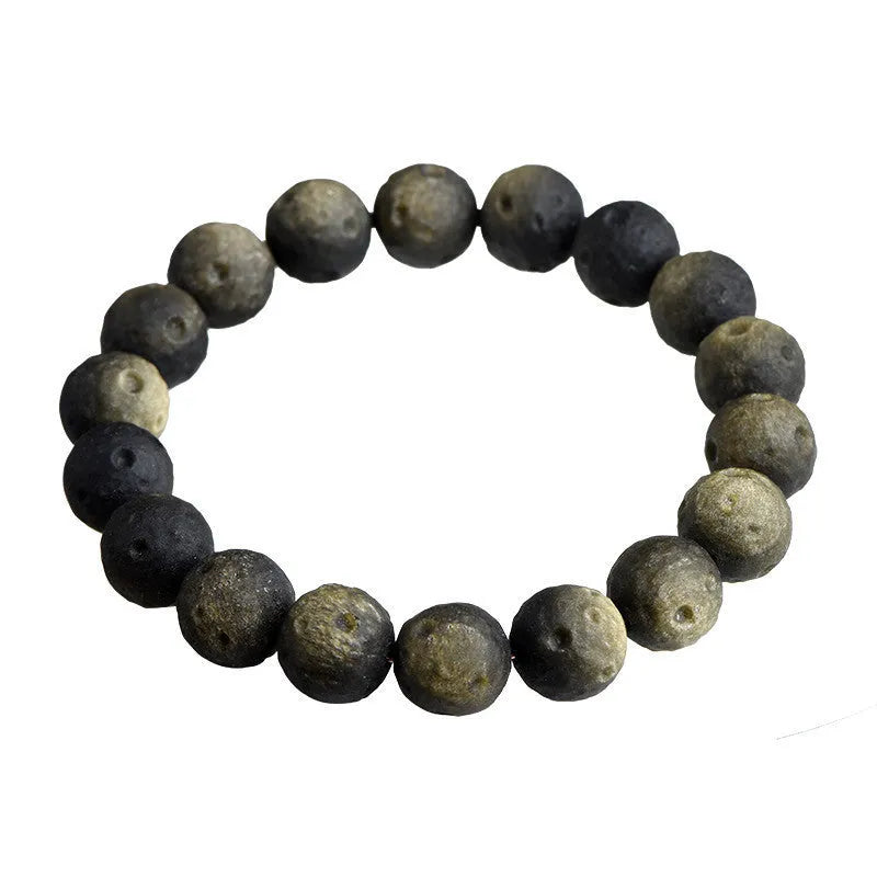 Natural obsidian crater ball bracelet with stone meteorite beads in silver or gold colour options