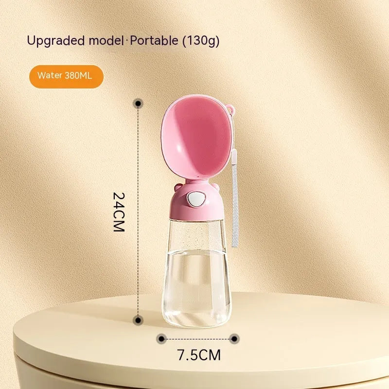 Portable dog water bottle with attached feeding bowl in yellow, pink and brown colour options