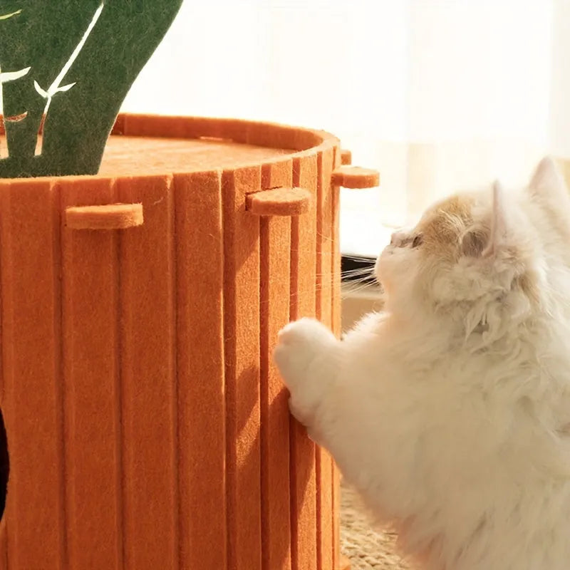 Grey needle-punched felt cat tunnel nest in a semi-enclosed cattery shape.