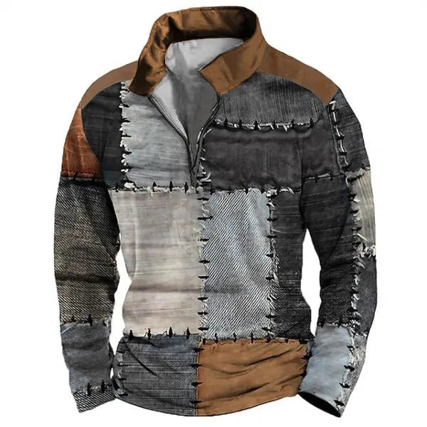 Man wearing a loose-fit long sleeve retro print t-shirt with striped and zipper decorations.