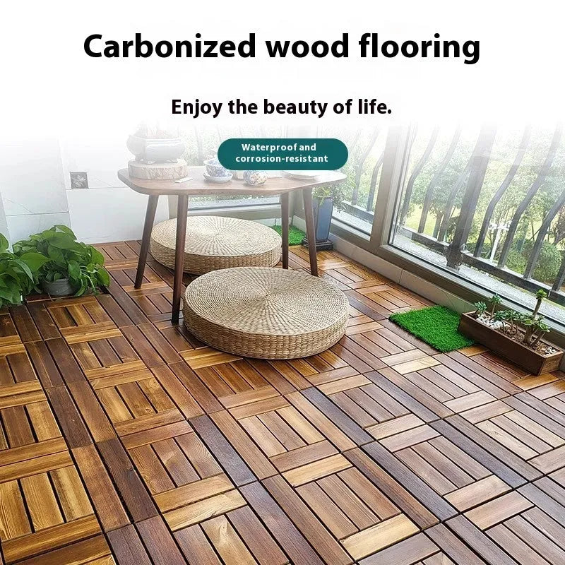 Square pine wood floor panel for balcony with 30cm dimensions and a brushed finish.