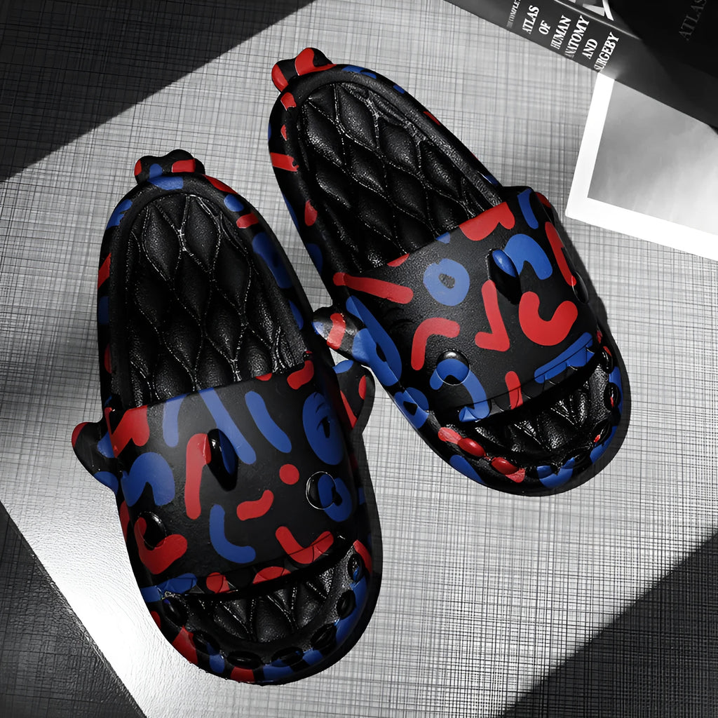 Cute shark design on light beige EVA open-toe home slippers for indoor wear.