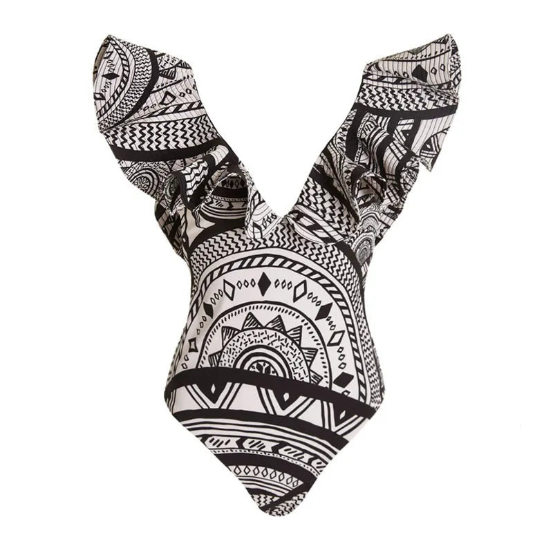 Women's vintage floral print one-piece swimsuit with deep V-neck and ruffle trim.
