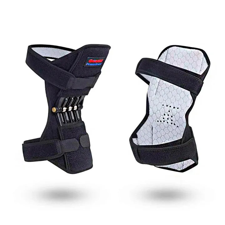 Adjustable spring knee brace support for patella, shown in black colour.