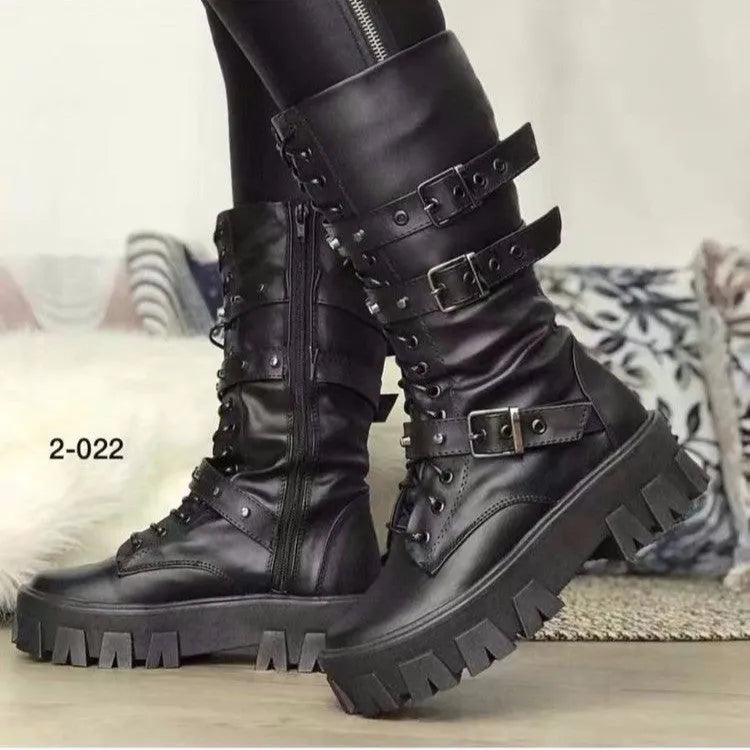 Black mid-calf women's knight boots with metal buckle and side zipper on a white background.