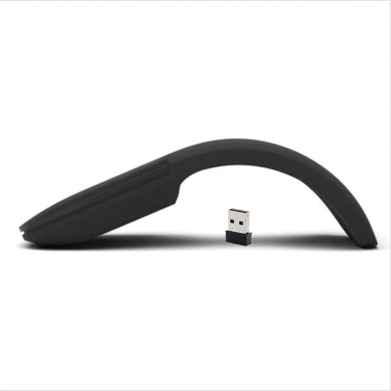 Folded Bluetooth wireless mouse showing compact 131.2mm length with touch surface and multiple colour options