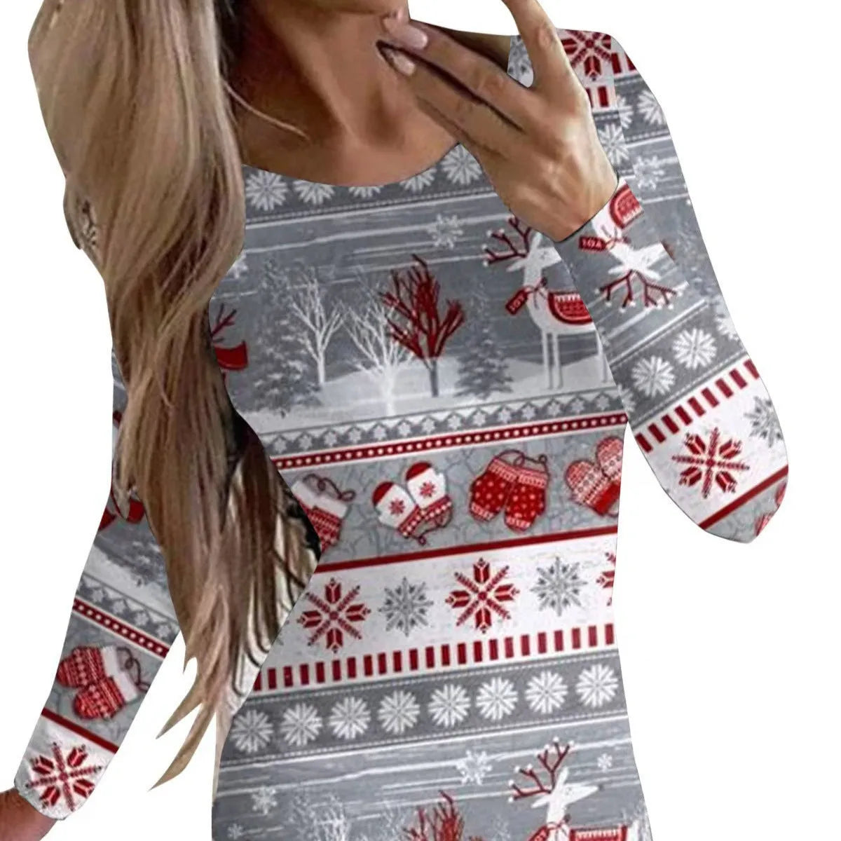 Animal print Christmas dress with round neck and long sleeves in floral pattern colours