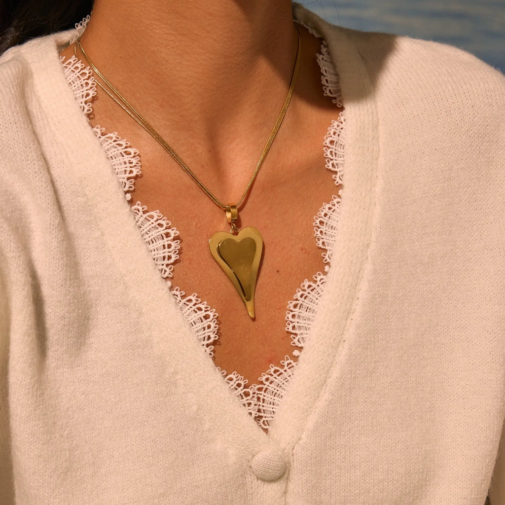 Double heart snake bones geometric pendant necklace in stainless steel with gold or steel finish