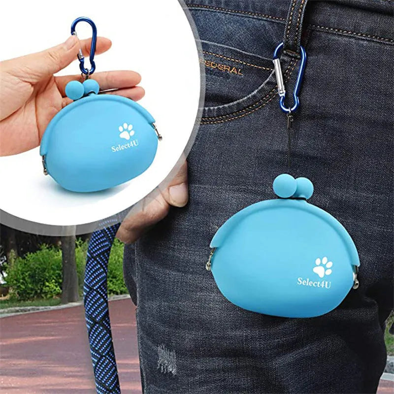 Yellow silicone dog treat bag with hook and loop closure for training and walks