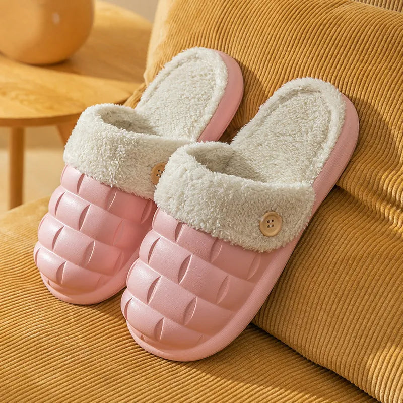Women's EVA plush house slippers with detachable sleeves in pink, showing slip-on and overshoe wearing modes
