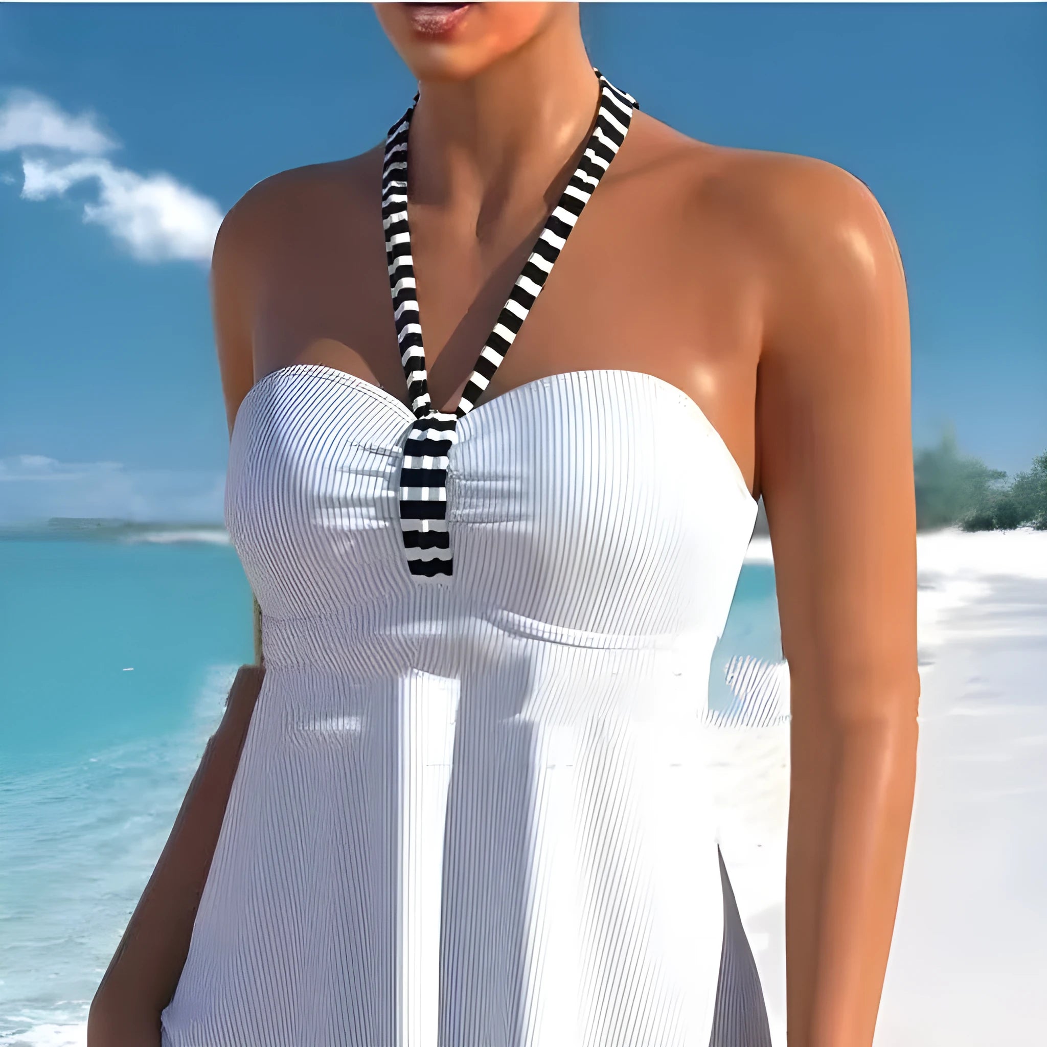 Women's off-shoulder swimsuit in black and white stripes with briefs style