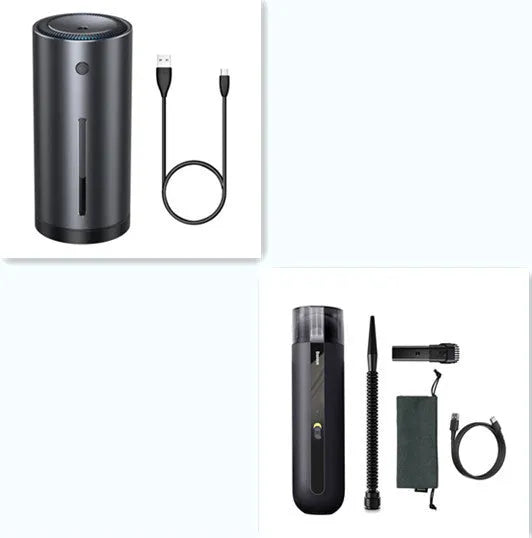 Baseus handheld wireless car vacuum cleaner in black, white, or green with blowing hose attachment
