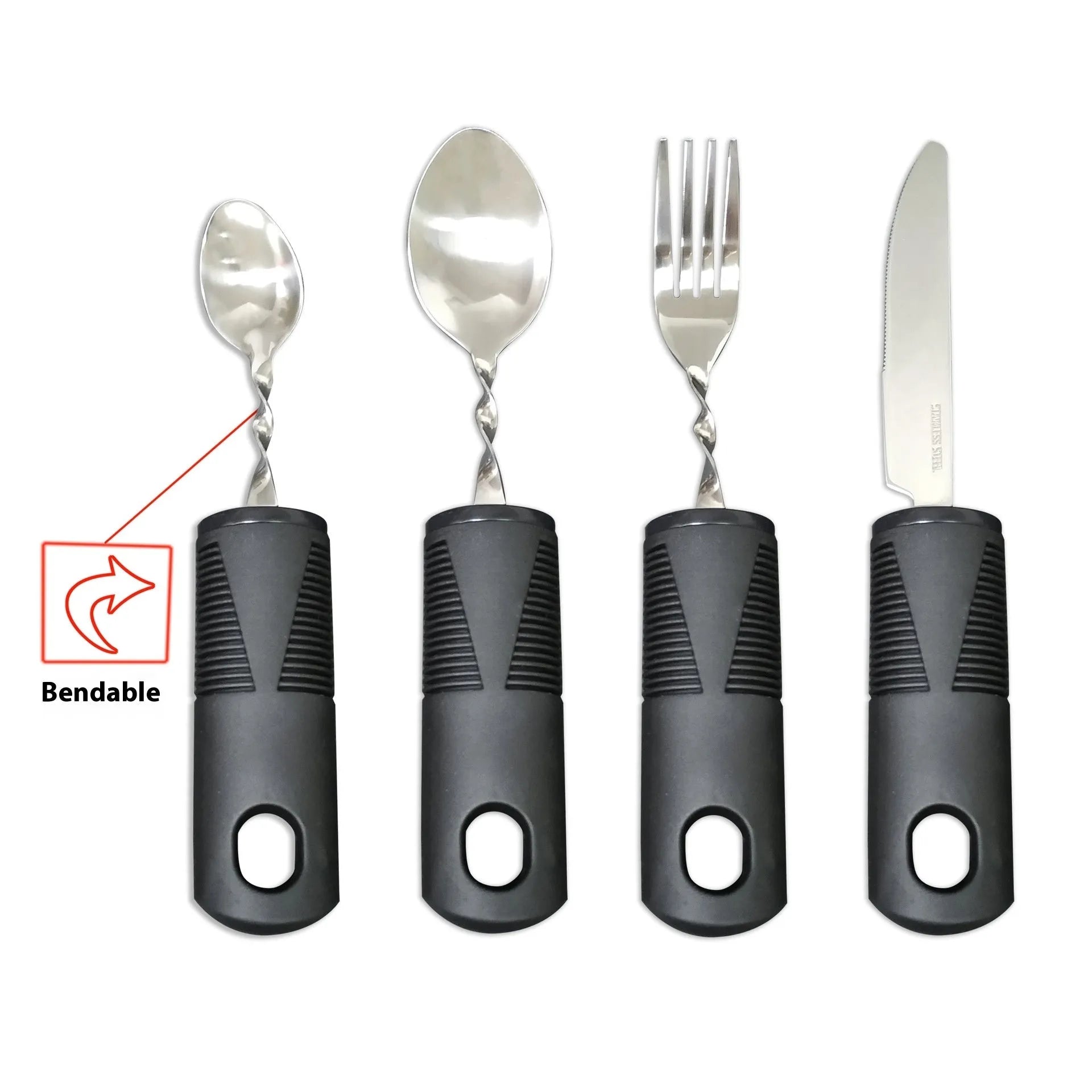 Stainless steel adaptive spoon with black rubber anti-shake handle for elderly food aid.