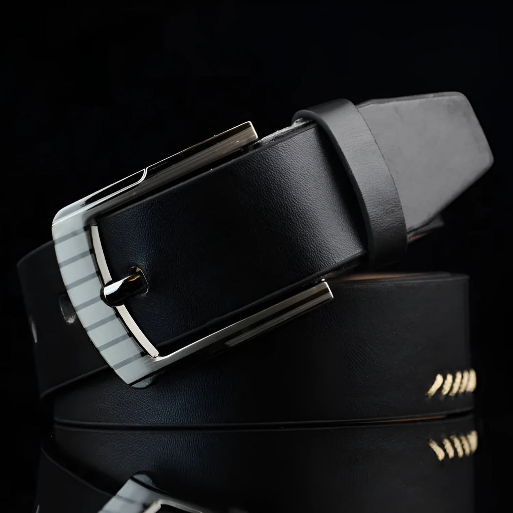 Men's retro style casual belt with pin buckle and pattern detail on imitation leather strap.