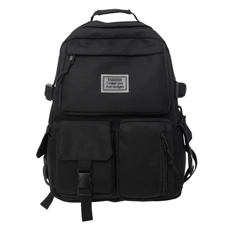 Soft nylon student backpack in black or white with computer compartment and three-dimensional pockets