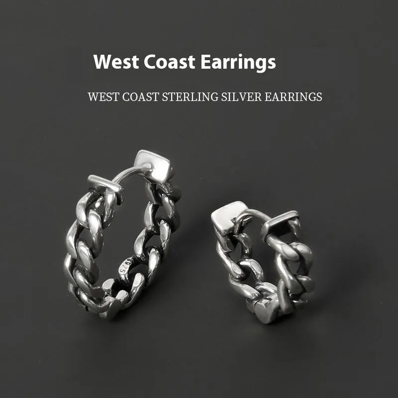 Men's geometric stud earrings with silver-colour finish and West Coast hip hop style