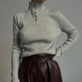 Retro breasted half turtleneck slim fit pullover sweater in silver gray or rice apricot