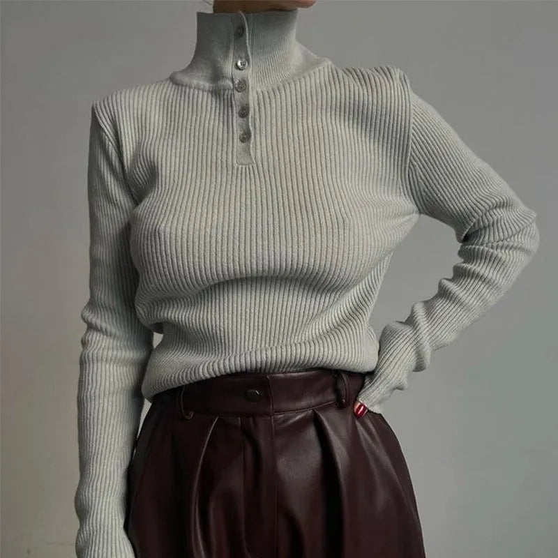 Retro breasted half turtleneck slim fit pullover sweater in silver gray or rice apricot